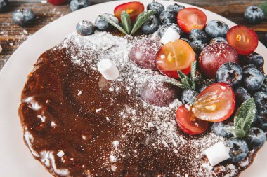 Beyaz bir tabakta yaban mersinli, naneli, üzümlü ve pudra şekerli çikolatalı pasta.