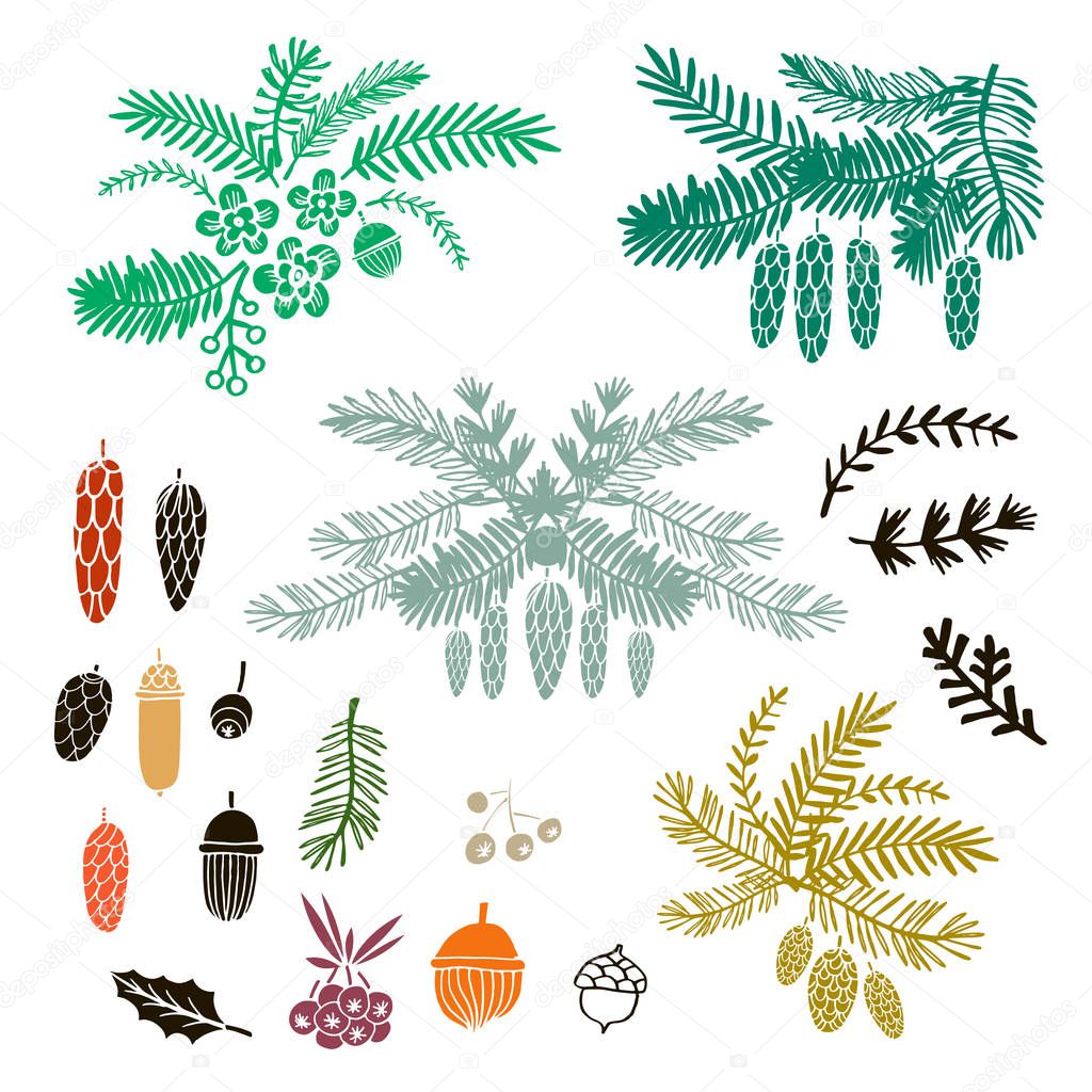  Set of hand drawn  christmas wreaths.  Holiday background.Unique hand drawn design.Vector illustration.
