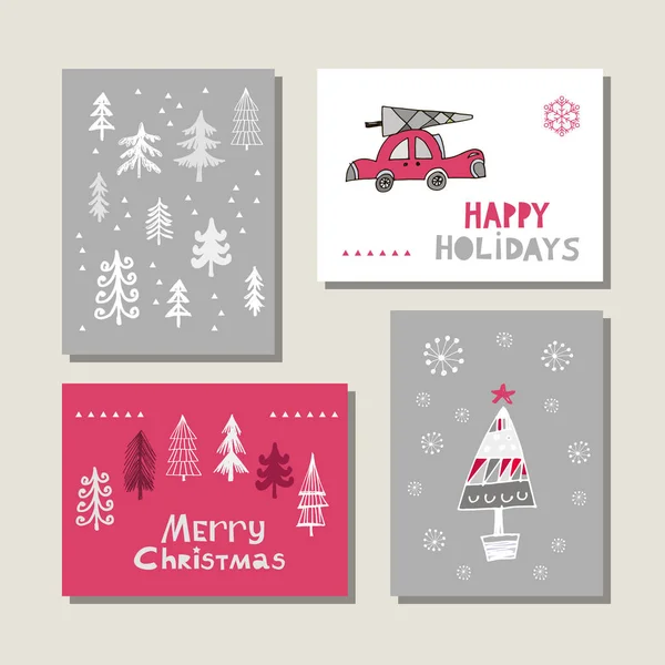 リース ミステリー アコーン 雪の結晶とクリスマスツリーと手描きのクリスマスカードのセット 休日の背景 ユニークな手描きのデザイン — ストックベクタ