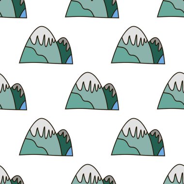 Dağların İskandinav dizaynı ile dekoratif ve pürüzsüz desen, sevimli bir arka plan. Tasarım ve dekorasyon için modern kalıp tekstil, kapaklar, paket, ambalaj kağıdı, aşınma, çanta.