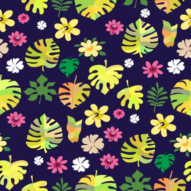 Canavarlarla kusursuz bir desen. Tropik çiçekli arka plan. Çizgi film tarzında şirin vektör elementleri. Tasarımınız için, posterler, tekstil, düğün davetiyesi, iş ürünleri. Vektör illüstrasyonu.  