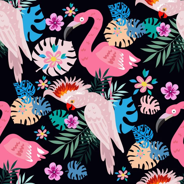 Sömlöst Mönster Med Tropiska Papegojor Färgglada Exotiska Fåglar Blad Blommor — Stock vektor