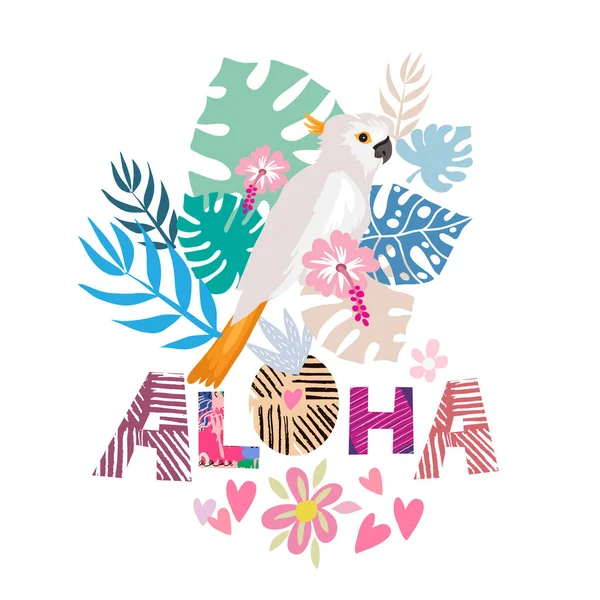 Tropische Bloemen Achtergrond Met Papegaai Flamingo Aloha Belettering Summer Design — Stockvector