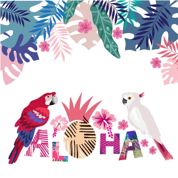 Tropische Bloemen Achtergrond Met Papegaai Flamingo Aloha Belettering Summer Design — Stockvector