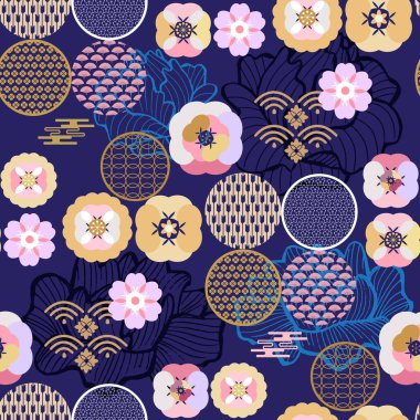 Güzel Japon desenli bulutlar, dalgalar. Japonca, Çince elementler. Vektör dikişsiz Asya dokusu. Paketleme, tekstil, kağıt, kumaş, imalat, duvar kağıtları üzerine baskı yapmak için.