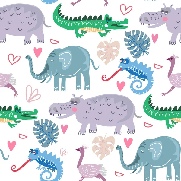 Seamless childish pattern with cute african animals. Use for textile, fabric, wallpaper, paper, wall art, surface design, fashion kids wear, baby shower. Vector cartoon  illustration for kids
