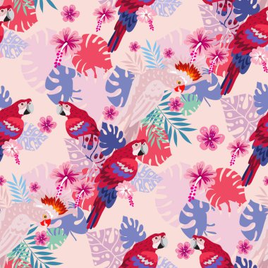 Seamless pattern with  tropical parrots. Colorful exotic bacground  Birds, leaves, flowers, plants and branches art print for travel and holiday, fashion, posters. Vector illustration  EPS 10 clipart
