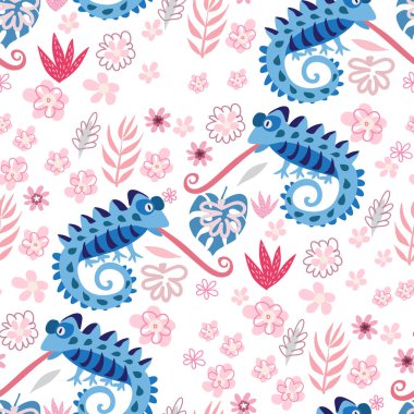 Şirin bukalemun desenli kusursuz çocuksu desenler. Tekstil, kumaş, duvar kağıdı, poster, kartpostal, yüzey tasarımı, moda çocuklarının giydiği kıyafetler, bebek partisi. Çocuklar için vektör karikatür çizimi