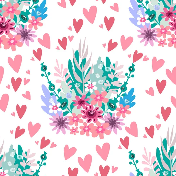 Beautiful Flower Seamless Pattern Hearts Delicate Art Bouquets Meadow Millefleurs — Stock Vector