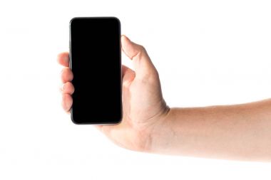 Erkek el telefon ile beyaz arka plan üzerinde izole
