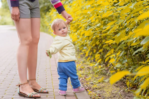 Erkek bir bebek anne ile yürüyor
