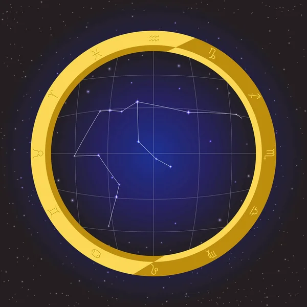 Золотий гороскоп Водолія у телескопі риб'ячого ока з фоном космосу — стоковий вектор