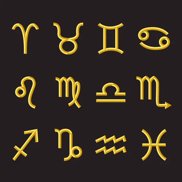 Arany zodiákus jelképek a fekete háttér — Stock Vector
