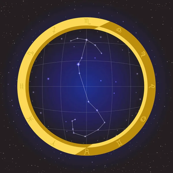 Scorpio star horoscope zodiac in fish eye telescope with cosmos background — Stock Vector