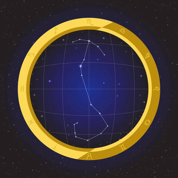 星座黄道带轮符号集矢量图解具有金色渐变效果的占星学符号夜空地图背景上的星星有闪亮的恒星星系的空间圆形框架