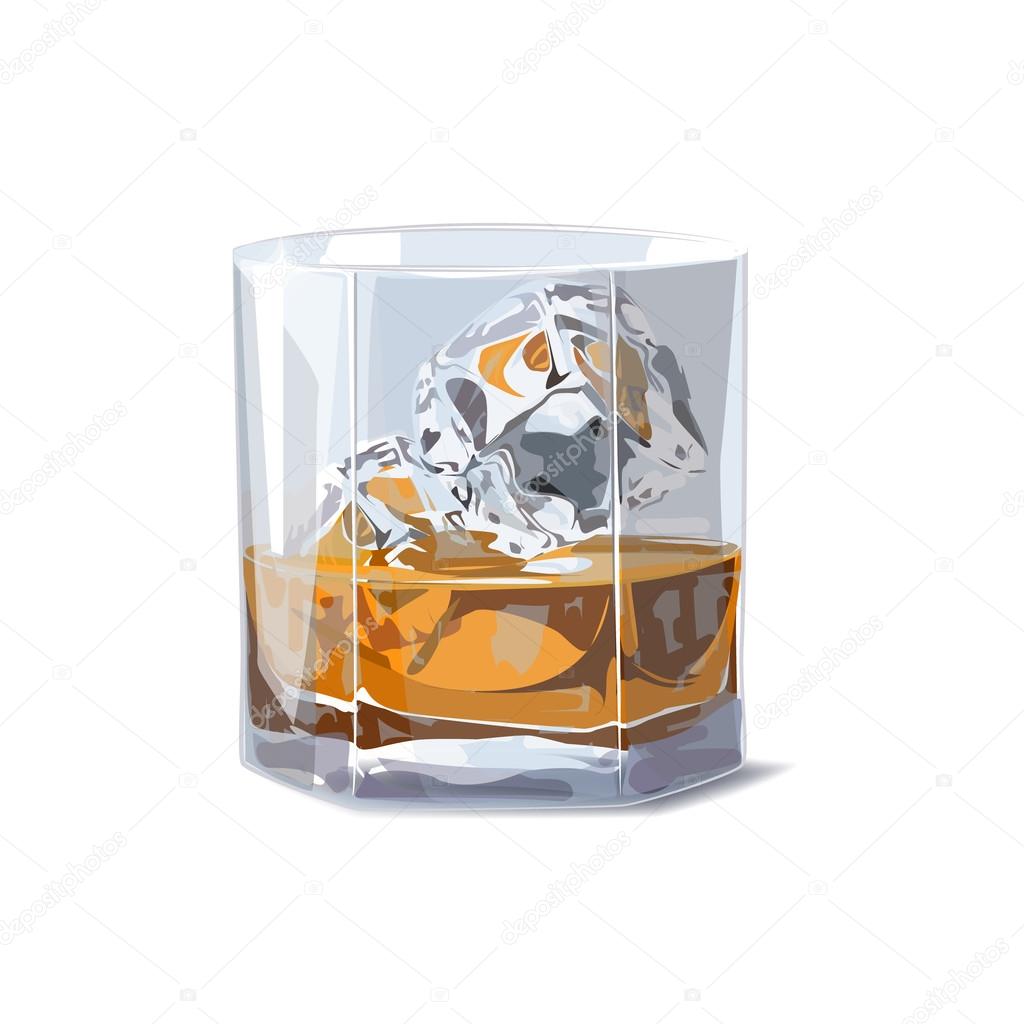 Alcohol. Whiskey shot with pieces of ice. Vector illustration on a white background