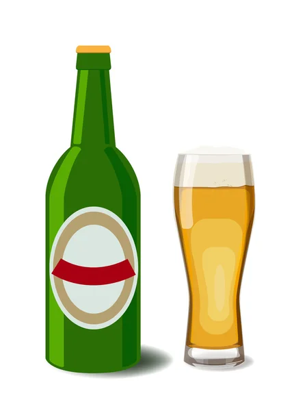 Uma garrafa de cerveja, um copo de cerveja e uma etiqueta de cerveja. Ilustração vetorial de cerveja, isolada. Oktoberfest —  Vetores de Stock