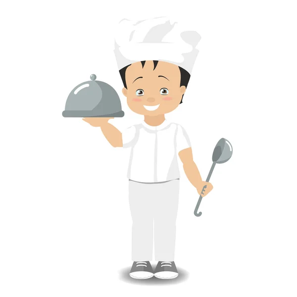 Chef niño sosteniendo una bandeja de plato preparado. Ilustración vectorial sobre fondo blanco — Vector de stock