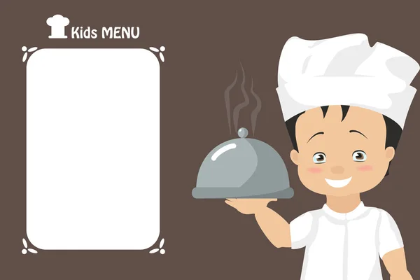 Çocuk menüsü. Bir tepsi hazırlanan yemeğin tutan çocuk Şef. Kapak vektör — Stok Vektör