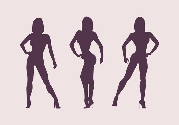 Women silhouettes athletes. Poses bodybuilders and fitnesbikini.