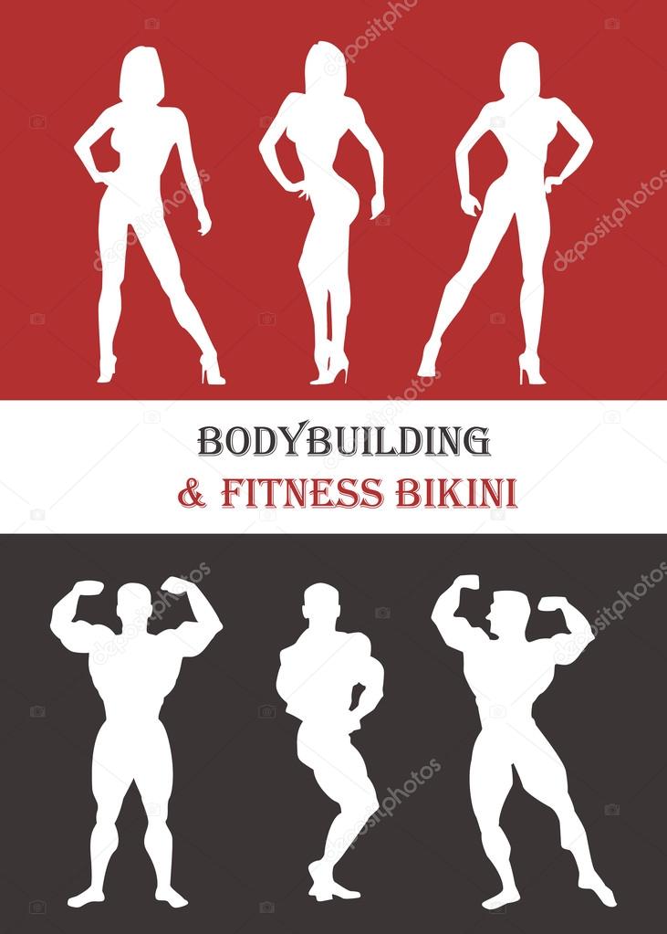 Women and men silhouettes of athletes. Poses bodybuilders and fitnesbikini. Vector cover