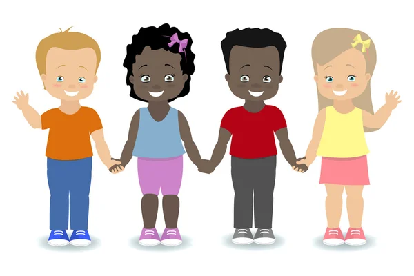 Група хлопчиків і дівчаток, різних національностей, тримаючись за руки дружби — стоковий вектор