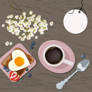 Kahvaltı görünümü yukarıdaki. Bir fincan kahve, kızarmış ekmek ve yumurta vektör Illustration. Çiçekler.