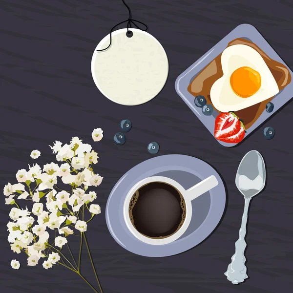Sarapan melihat dari atas. Vektor ilustrasi secangkir kopi, roti panggang dan telur. Ilustrasi vektor - Stok Vektor