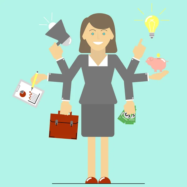 Multitasking. Business woman has time to do a lot of things at once. Flat  vector — Stock Vector