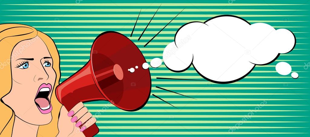 The woman speaks in a megaphone. Vector illustration