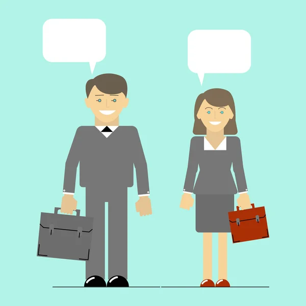 Homem e mulher conversam. Empresário e mulher de negócios conversando com colegas. Vector plano — Vetor de Stock
