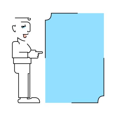 Adam bir bilgi posteri için işaret eder. Doğrusal vektör çizimler