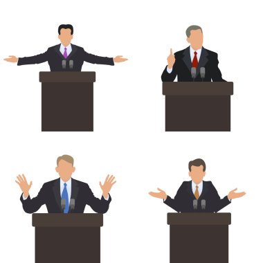 He stands in front of an audience gestures. Set of different poses. Presentation, presentation, conference, debate. Vector illustrations. clipart