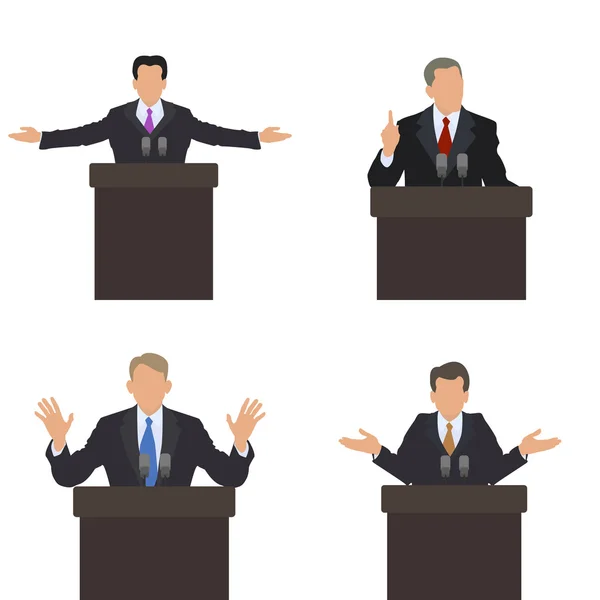 Ele está na frente de um gesto de audiência. Conjunto de poses diferentes. Apresentação, apresentação, conferência, debate. Ilustrações vetoriais . —  Vetores de Stock