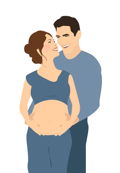Un par esperando al bebé. Embarazo. El hombre abraza a una mujer embarazada. Una familia feliz. Ilustración vectorial — Archivo Imágenes Vectoriales