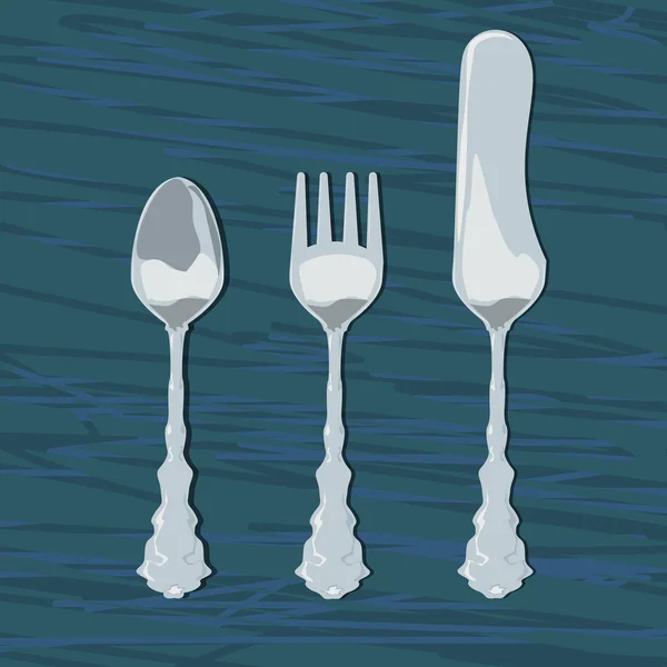 Μαχαιροπήρουνα: κουτάλι, πιρούνι, μαχαίρι. Ρετρό σχεδιασμό. Εικονογράφηση διάνυσμα σε ένα μπλε φόντο ξύλινη — Διανυσματικό Αρχείο