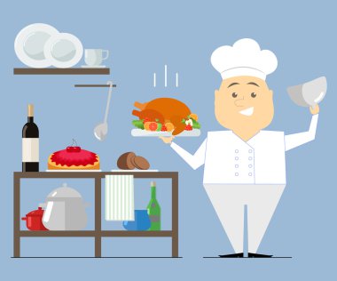 Şef mutfakta, hot bulaşık düzenliyor. Hindi rosto. vektör