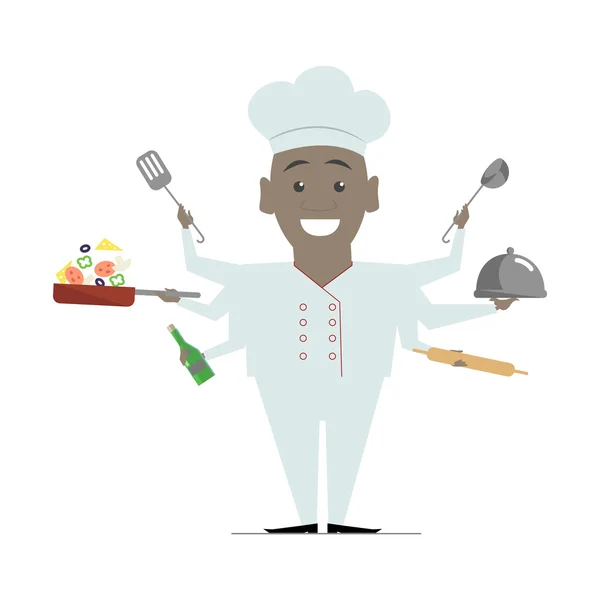 Chef afroamericano multitarea. Ilustración vectorial aislada — Vector de stock