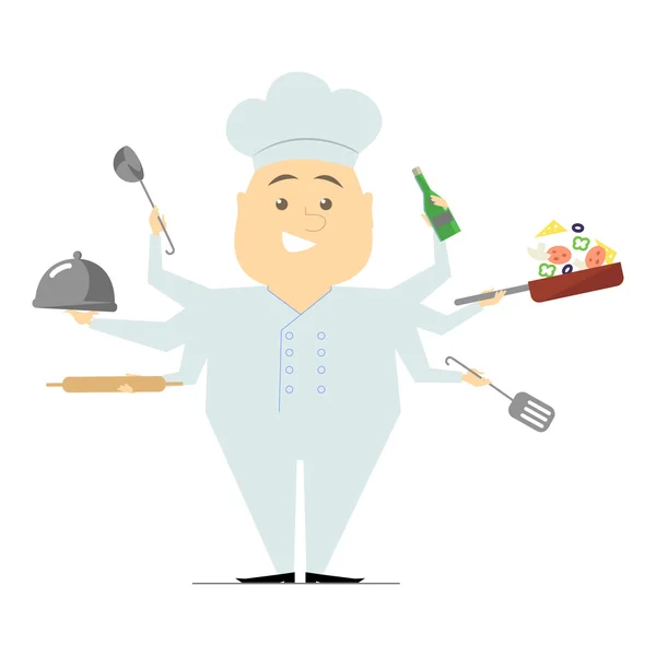 Multitasking chef hat kéz, gazdaság egy serpenyőben zöldségekkel, meleg étel, fehér háttér előtt állva. Az étterem séfje. Vektor — Stock Vector