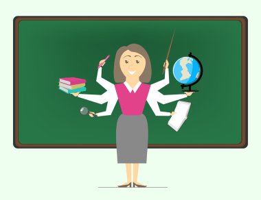 Çok görevli bir okul öğretmen, çeşitli konularda öğretmen kadındır. Vektör
