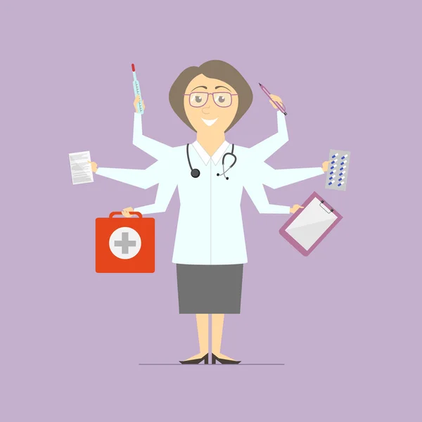 Επίπεδη σχεδίαση διάνυσμα. Multitasking γυναίκα γιατρός. — Διανυσματικό Αρχείο