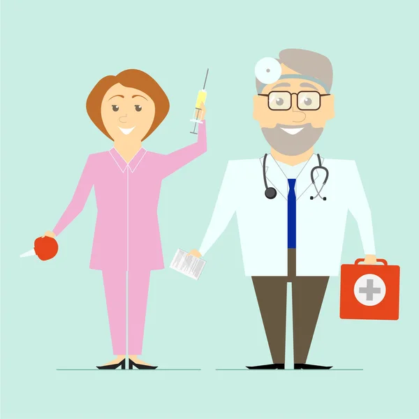 Couple of doctors. A doctor with a nurse on a colored background. Medical staff. Vector flat — Stock Vector