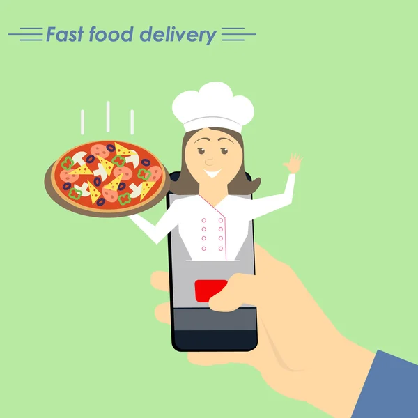 Consegna pizza online. Il concetto di e-commerce: sito web di ordinazione di prodotti alimentari online. Servizi di consegna fast food corsi online. Illustrazione vettoriale piatto . — Vettoriale Stock