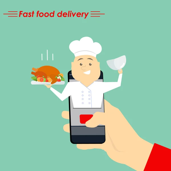 Cocinero de Internet. The concept of e-commerce: online food ordering website (en inglés). Servicio de entrega de comida rápida cursos en línea. Ilustración vectorial plana . — Archivo Imágenes Vectoriales