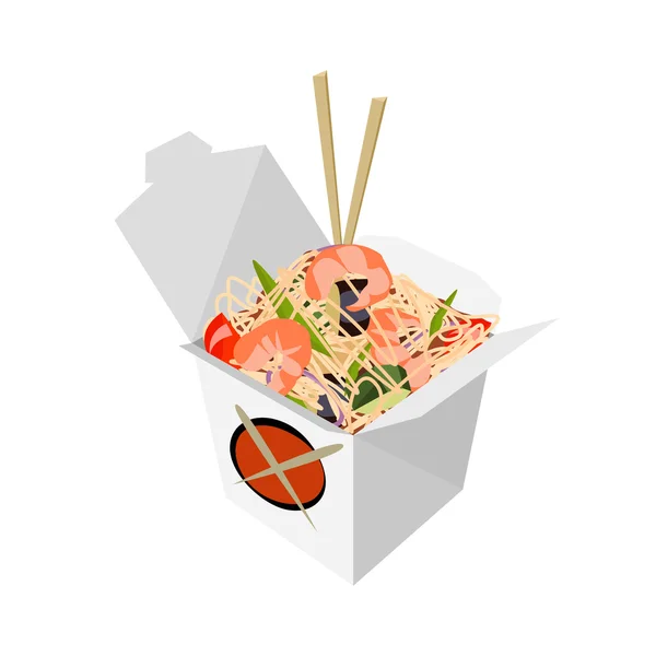 Caja de papel Fideos y palillos chinos, WOK. Fideos con camarones. vector de entrega de alimentos — Vector de stock