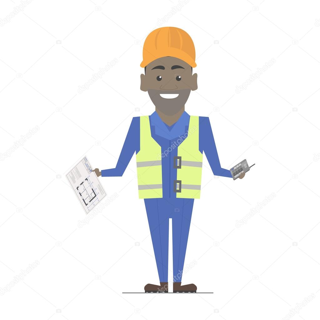 Builder man African American working. Architecture vector construction work