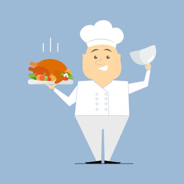 Bir tabak içinde elleri ile Şef. Kavrulmuş hindi. Vektör düz