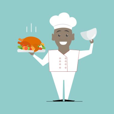 Afrikalı-Amerikalı bir tabak içinde elleri ile pişirin. Şef. Vektör düz