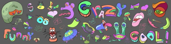 Set comic colorful characters, alien, products, organisms letters. Vector sketch — Stockový vektor