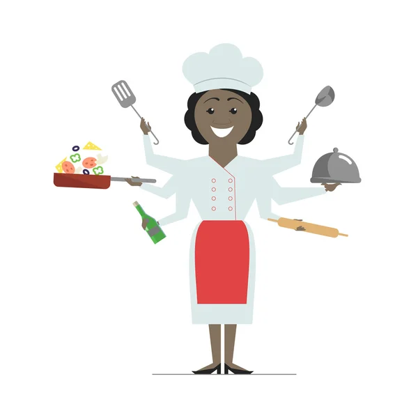 Multitarea mujer afroamericana chef con seis manos, de pie sobre fondo blanco sosteniendo una sartén con verduras, plato caliente. Vector — Vector de stock